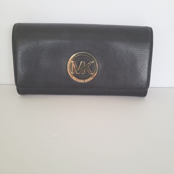 Michael Kors MK Fulton Envelope Wallet Black Clutch 8x4 Large Pebble Leather - Picture 1 of 13